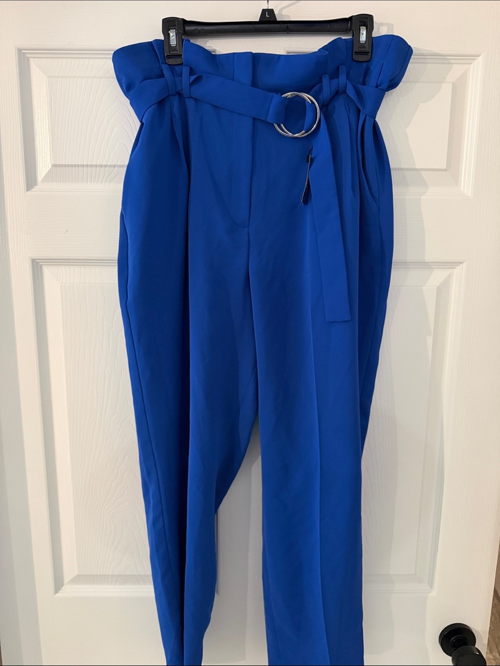 Express Royal Blue Paperbag Waist Trousers with Ring Belt